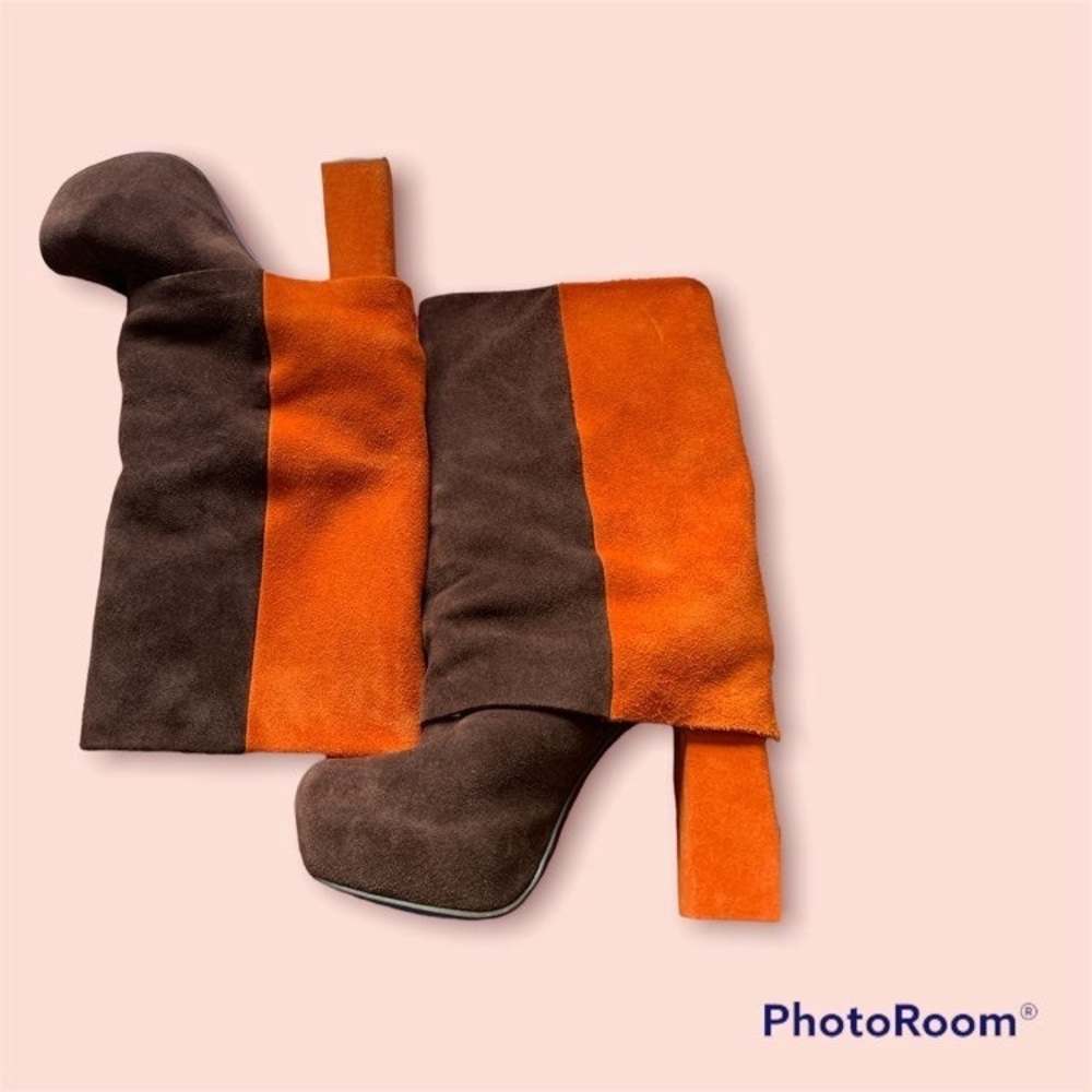 Mojo Moxy Two-Tone Brown and Orange Suede Heeled Boots